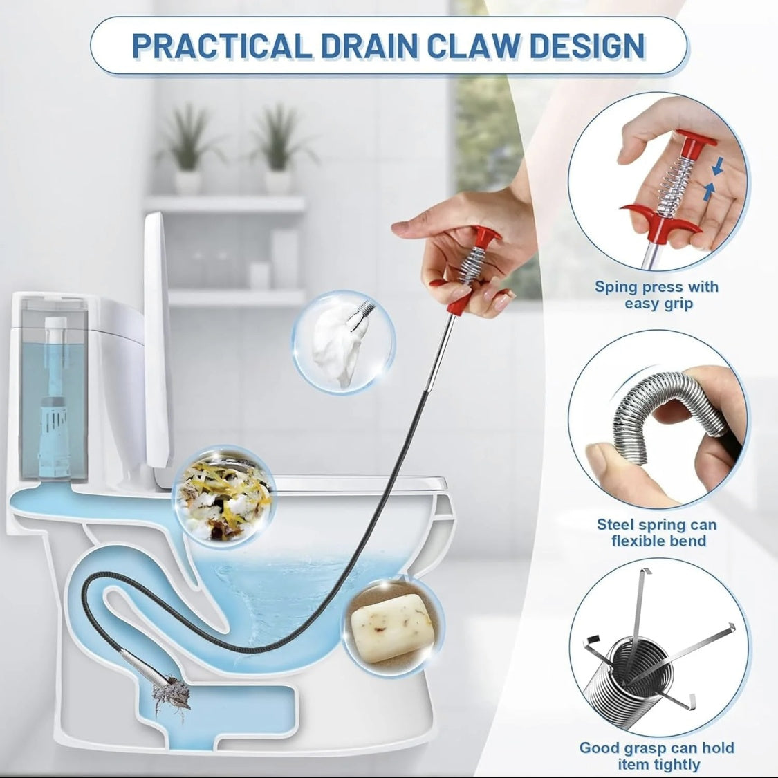 LanJi Drain Snake Clog Remover 63in & 33in - Flexible Spring Pipe Dredging Tool for Toilet, Sewer, Shower & Kitchen